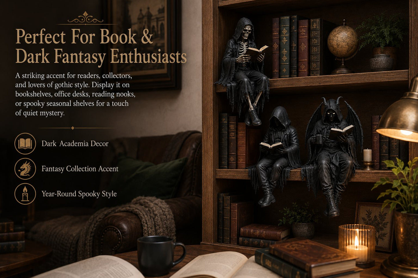 🖤 Gothic Dark Fantasy Shelf Sitter Figure – Mystical Bookish Decor for Bookshelves & Reading Nooks