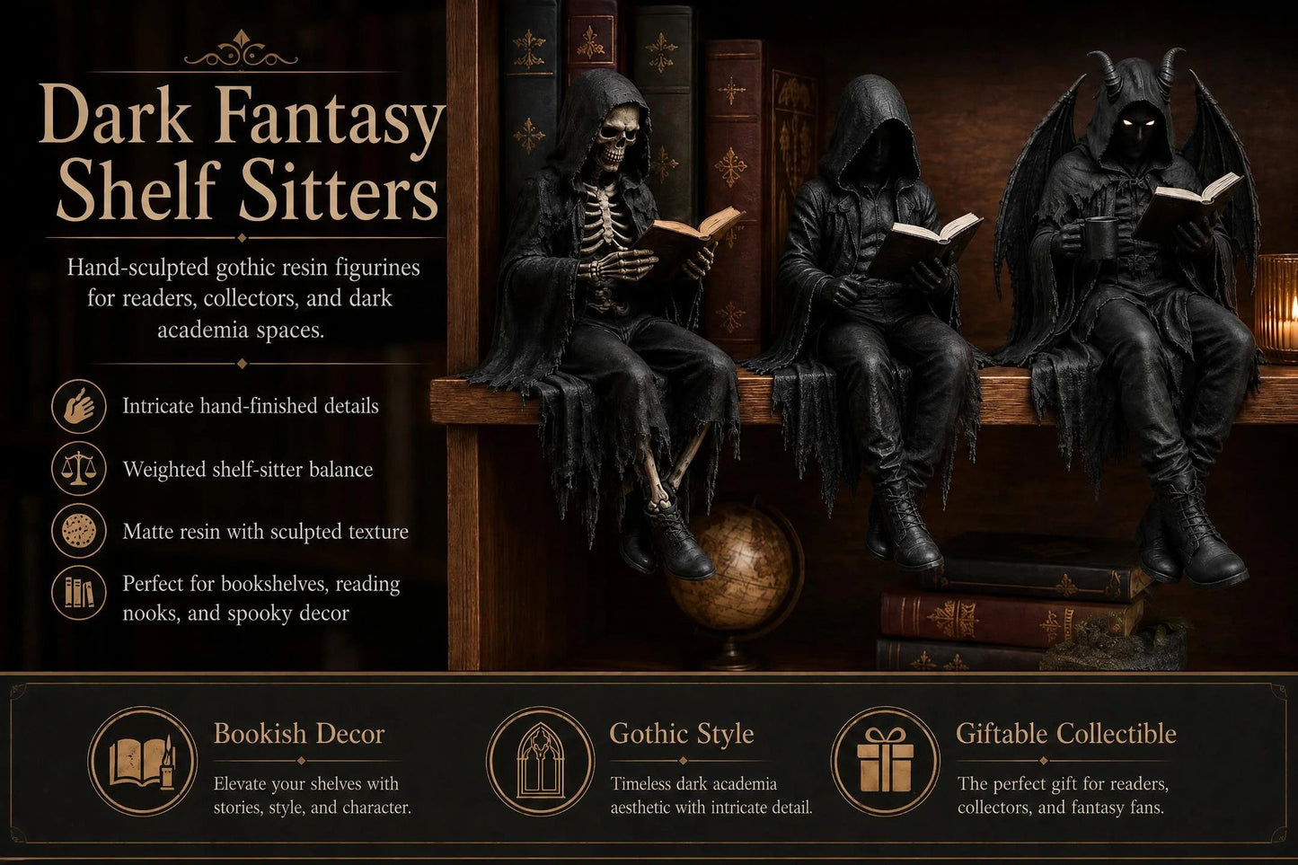 🖤 Gothic Dark Fantasy Shelf Sitter Figure – Mystical Bookish Decor for Bookshelves & Reading Nooks