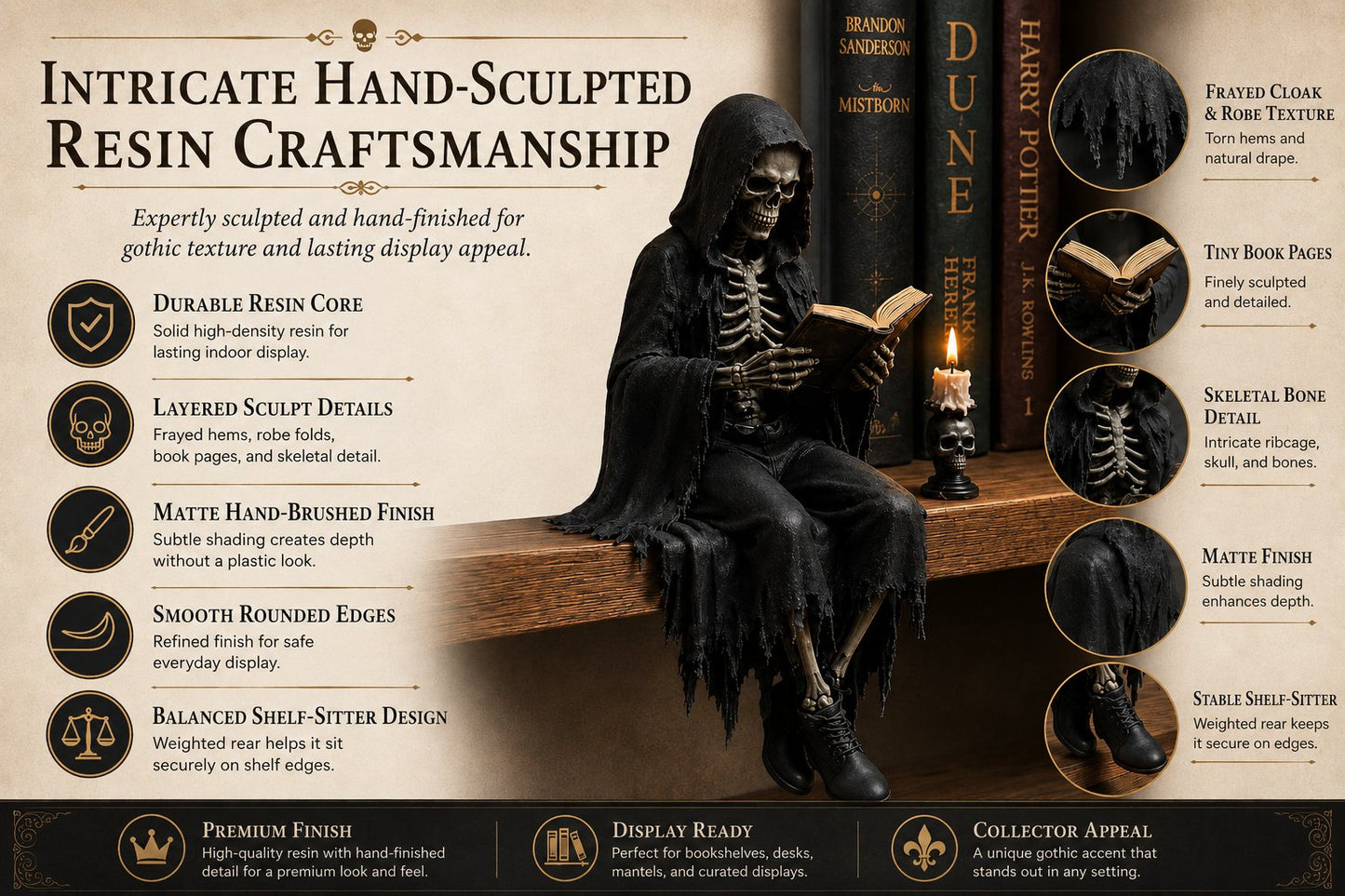 🖤 Gothic Dark Fantasy Shelf Sitter Figure – Mystical Bookish Decor for Bookshelves & Reading Nooks