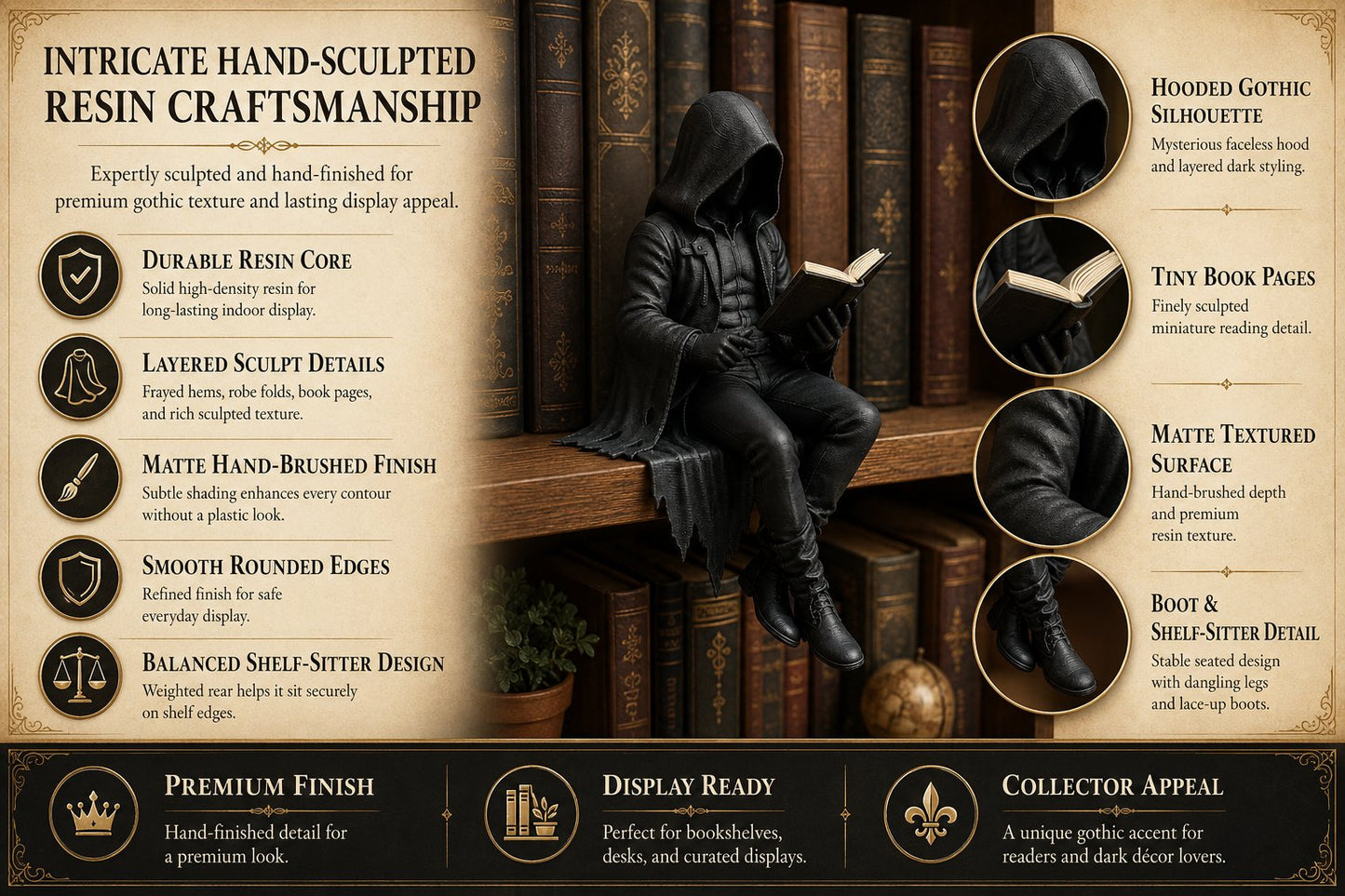 🖤 Gothic Dark Fantasy Shelf Sitter Figure – Mystical Bookish Decor for Bookshelves & Reading Nooks