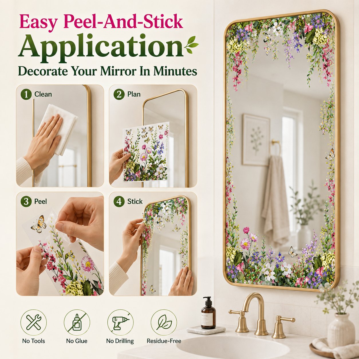 Floral Butterfly Mirror Decoration Stickers