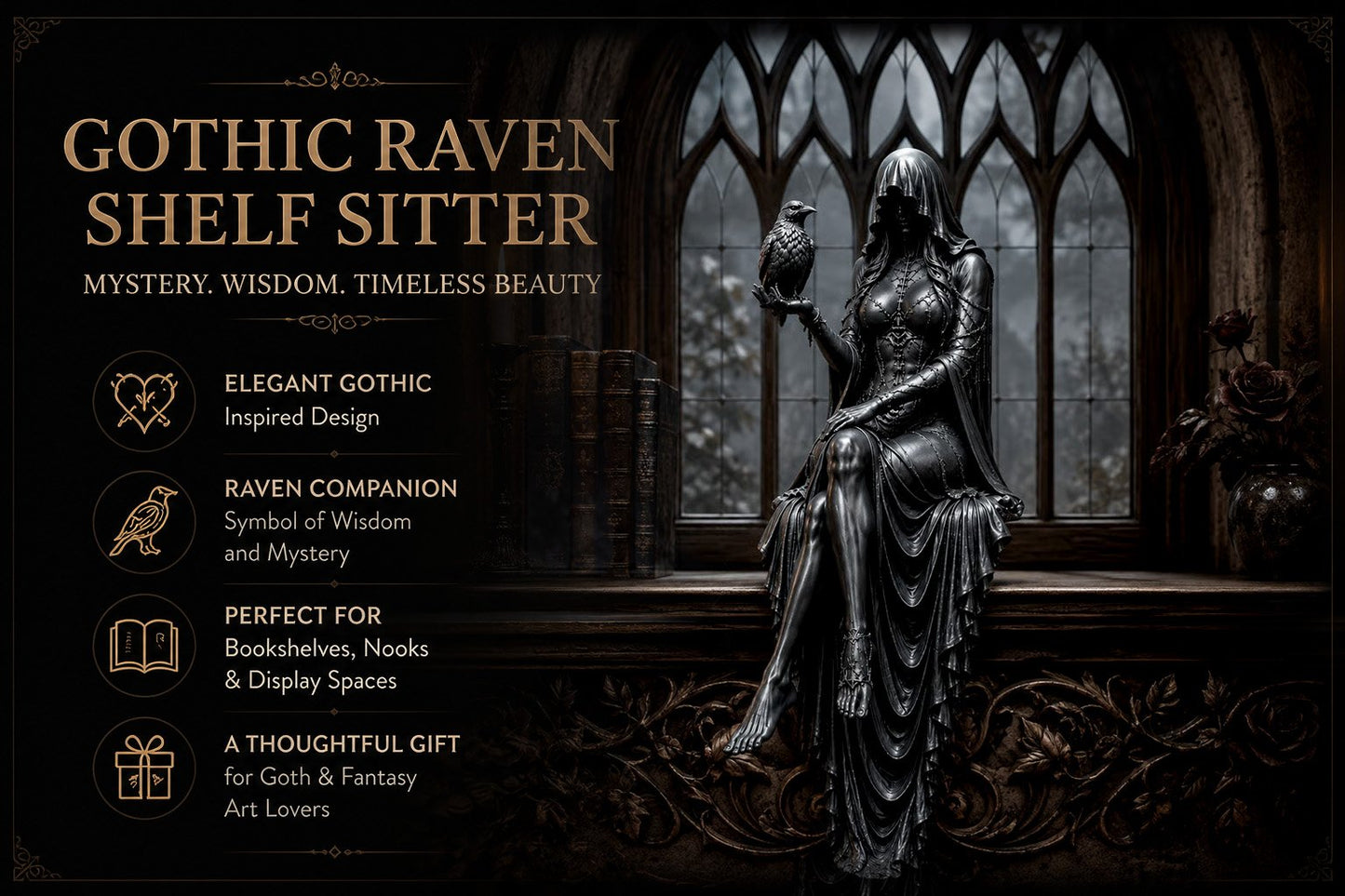 🖤 Gothic Raven Shelf Sitter Statue – A Symbol of Mystery, Wisdom & Dark Elegance