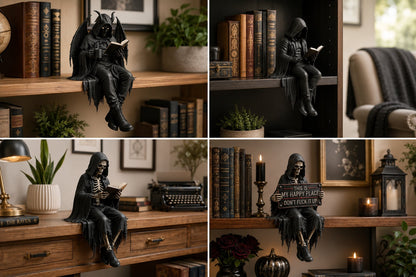 🖤 Gothic Dark Fantasy Shelf Sitter Figure – Mystical Bookish Decor for Bookshelves & Reading Nooks