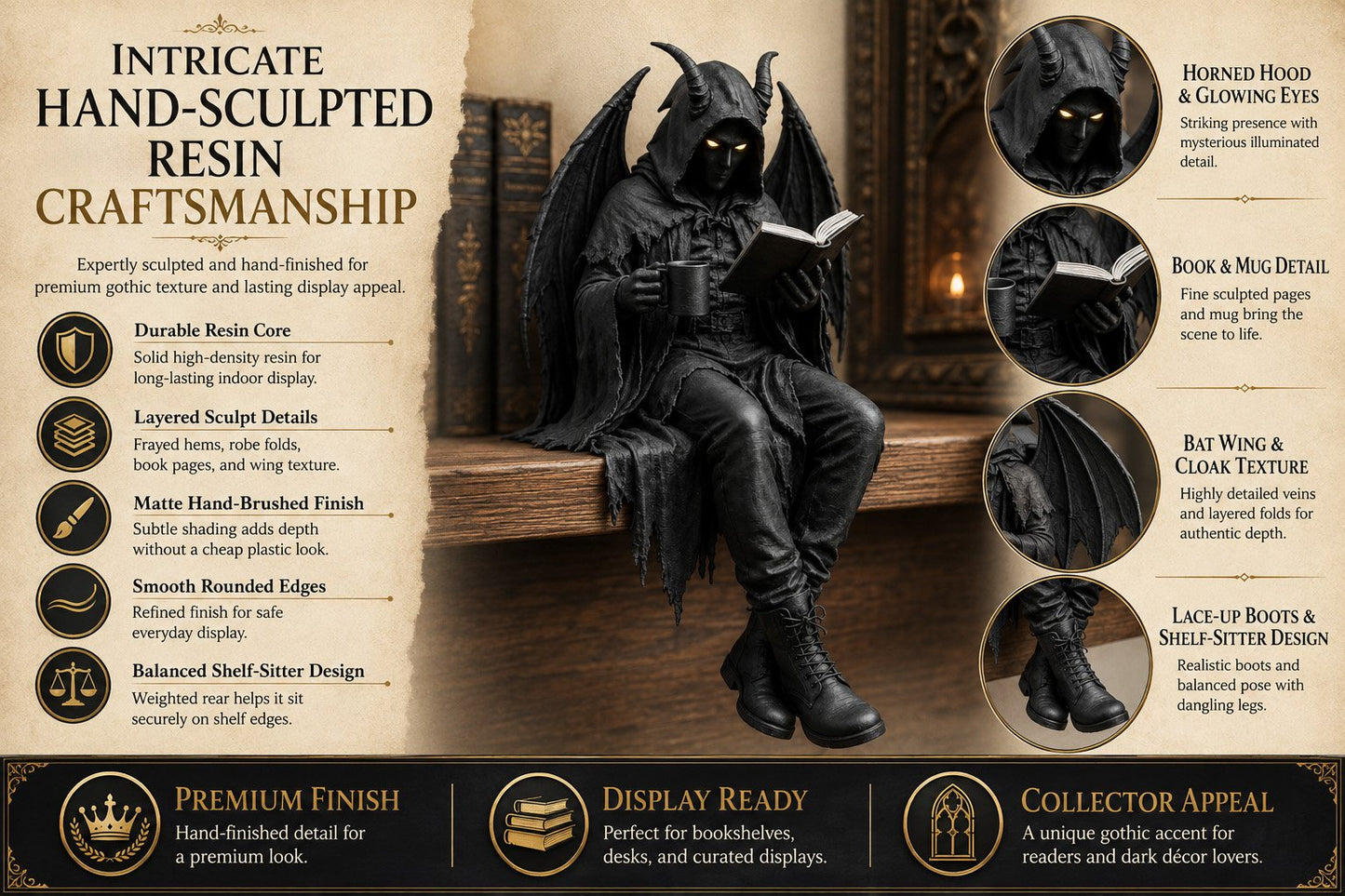 🖤 Gothic Dark Fantasy Shelf Sitter Figure – Mystical Bookish Decor for Bookshelves & Reading Nooks